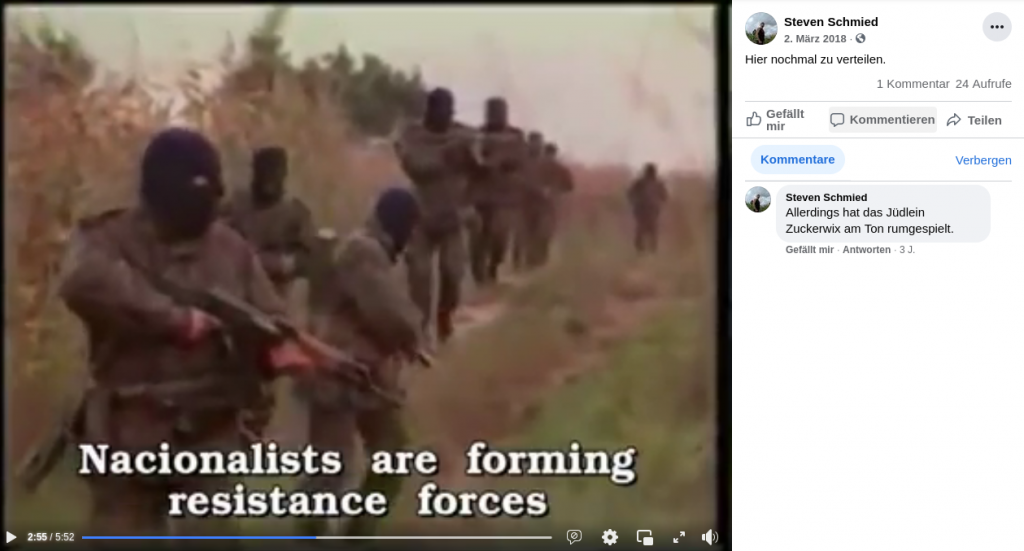 Neonazi-Milizen als “Rettung Europas” in einem von Schmied geteilten Video; anbei ein antisemitischer Kommentar (Bild: Facebook)