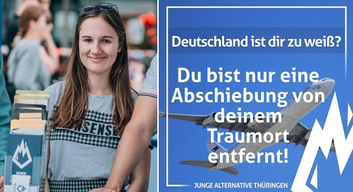 Montage aus einem Bild von Carolin Lichtenheld an einem Stand der Jungen Alternative, daneben Social-Media-Sharepic der JA Thüringen mit dem Test "Deutschland ist dir zu weiß? Du bist nur eine Abschiebung von deinem Traumort entfernt!"