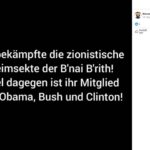 Screenshot von einem von Manuela Behrend am 10.09.2023 geteilten Video in dem der folgende Text dargestellt wird: "Hitler bekämpfte die zionistische Geheimsekte der B'nai B'rith! Merkel dagegen ist ihr Mitglied neben Obama, Bush und Clinton!"