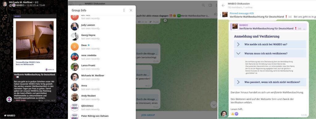 Screenshots von einem von Michaela Meißner geteilten Telegram Post von Wabeo. Der Mitgliederliste der Gruppe "WABEO Diskussion" in der Michaela M. Meißner zu sehen ist und einem Post Meißners in dieser Gruppe mit einem Screenshot von der Wabeo Website und dem Text "Darüber hinaus handelt es sich um verifizierte Wahlbeobachtung. Des Weiteren wird auf der Webseite Sinn und Zweck der Verifikation erklärt. Lesen hilft."