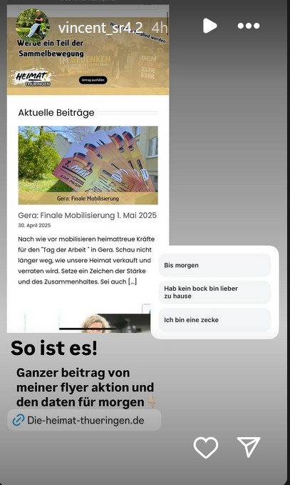 Vincent von der GJ teilt einen Beitrag von "Die Heimat" vor dem 1. Mai 2025 und schreibt dazu: "So ist es! Ganzer beitrag von meiner flaer aktion und den daten für morgen"