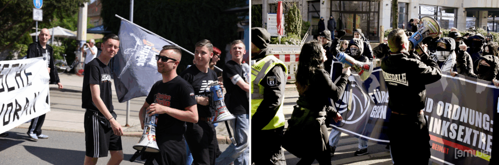 Vor einem Banner "Deutsche Jugend Voran" sieht man Anthony Scholz mit einem Shirt "Antifa-Antifa", Julian Milz mit einem Megafon und Justin Elbel mit einem Shirt "Nazibande". Auf einem Bild rechts daneben sieht man Elbel in einer Lonsdale-Jacke neben Stella Schmidt. Beide rufen in Megafone mit Blick in Richtung eines Blocks von jungen Rechten, die ein Banner gegen Linksextremismus halten.