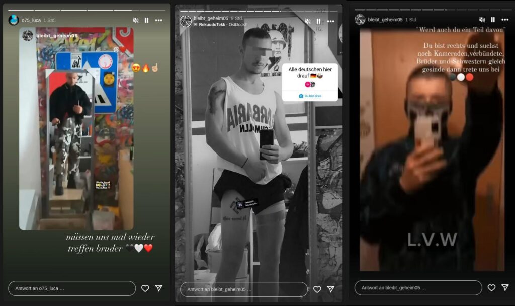 Drei Instagram-Screenshots von bleibt_geheim05, auf denen ein junger Mann mit Hitlergruß, Hakenkreuztattoo und Skinhead-Dress zuhause zu sehen ist. Dabei Aufrufe, sich der LVW anzuschließen. Der erste Screenshot ist eine von 075_luca geteilte Story, also von Luca Kinsky aus Gera. Er kommentiert dazu: "müssen uns mal wieder treffen bruder"