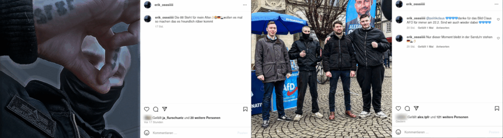 zwei Instagram Screenshots nebeneinander: Links sieht man einen vermummten Glatzkopf, der mit den Fingern eine 8 formt. Dazu sein Kommentar: "Die 88 steht für mein Alter." Unten sieht man bei den Likes eines von dem Konto ja_flurschuetz. Auf dem rechten Screenshot sieht man den rechten Jugendlichen an einem AfD-Wahlkampfstand in Erfurt mit dem dortigen Bundestagskandidaten Alexander Claus und Alexander Töpfer von der Jungen Alternative.