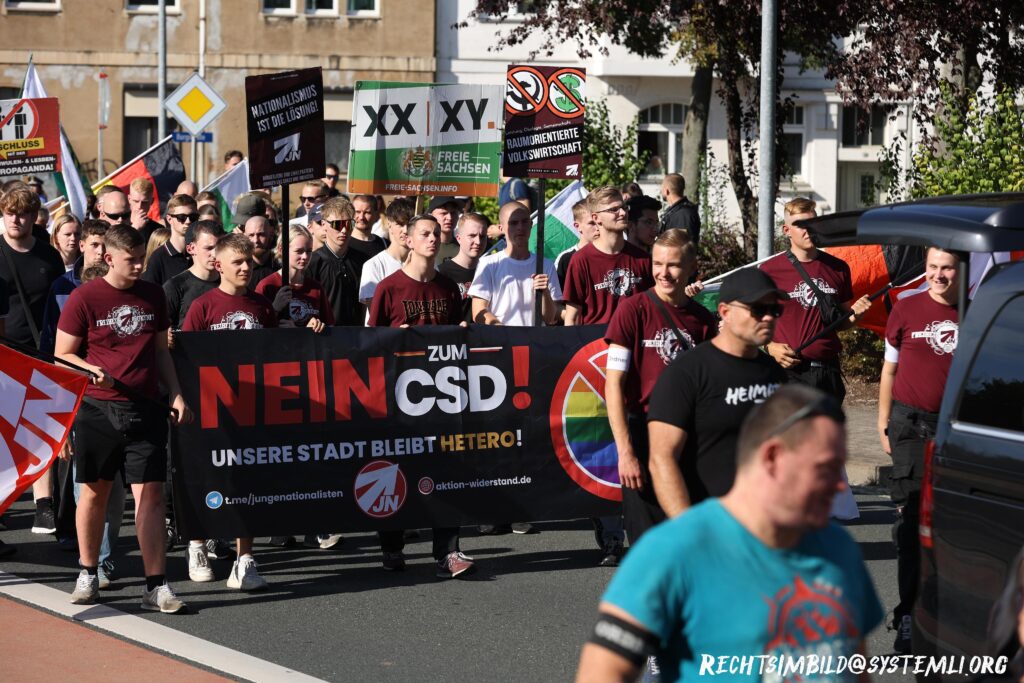 Foto des queerfeindlichen Aufmarschs am 20.09.2025 in Döbeln. Es sind mehrere junge Neonazis mit roten T-Shirts der JN zu sehen. Dazwischen läuft Anthony Scholz mit einem roten Londsdale T-Shirt. Sie tragen ein JN-Transparent mit dem Text "Nein zum CSD! Unsere Stadt bleibt hetero!" Davor läuft Christian Klar und trägt ein T-Shirt der "Heimat".