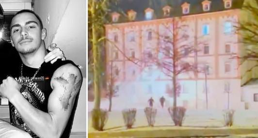 Fotocollage aus zwei Fotos. Links ein Foto von Claudio Spano, rechts ein Bild der Geflüchtetenunterkunft in Schmölln, Teile der Fassade sind durch etwas erleuchtet, zwei Personen laufen in Richtung der Kamera weg.