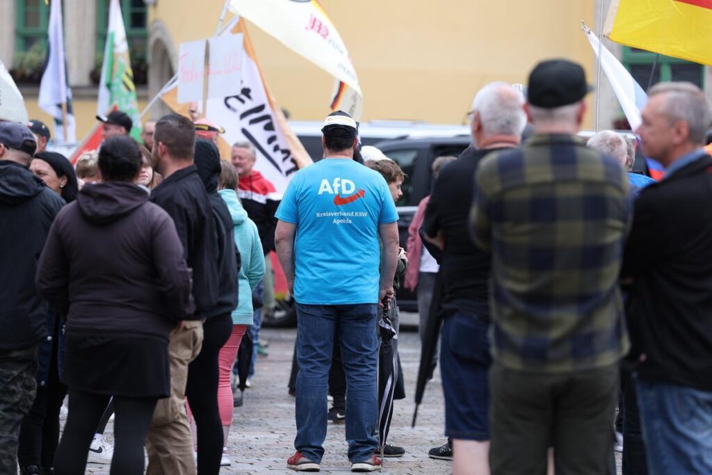 Foto von der Demonstration am 12.7.25 in Apolda. Es ist eine Person mit einem blauen AfD T-Shirt in der Mitte zu sehen. Im Hintergrund sieht man eine "Heimat"-Fahne, die geschwenkt wird.