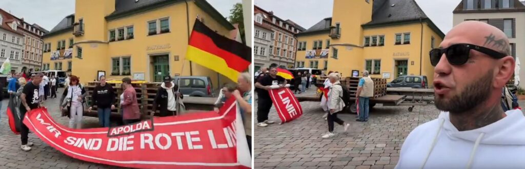 Zusammenstellung von zwei Fotos vom Apoldaer Markt. Auf beiden ist im Hintergrund Marko Glaser mit anderen Personen zu sehen wie sie ein Transparent mit dem Text "Wir sind die rote Linie. Apolda" aufrollen. Auf dem zweiten Bild wird im Vordergrund ein Neonazi von "C-60" interviewt.