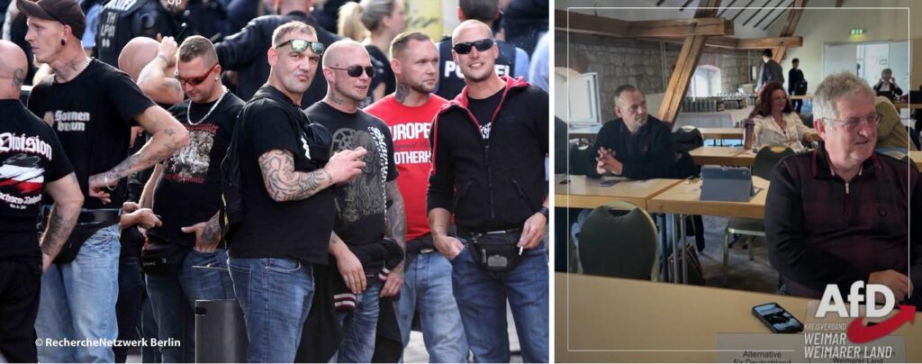 Zusammenstellung von zwei Fotos. Links ist Marko Glaser gemeinsam mit anderen Neonazis beim Rechtsrock-Festival "Rock gegen Überfremdung III" in Apolda zu sehen. Rechts ist ein Foto, dass ihn zusammen mit einem weiteren AfDler an einem Tisch sitzend im Kreistag zeigt.