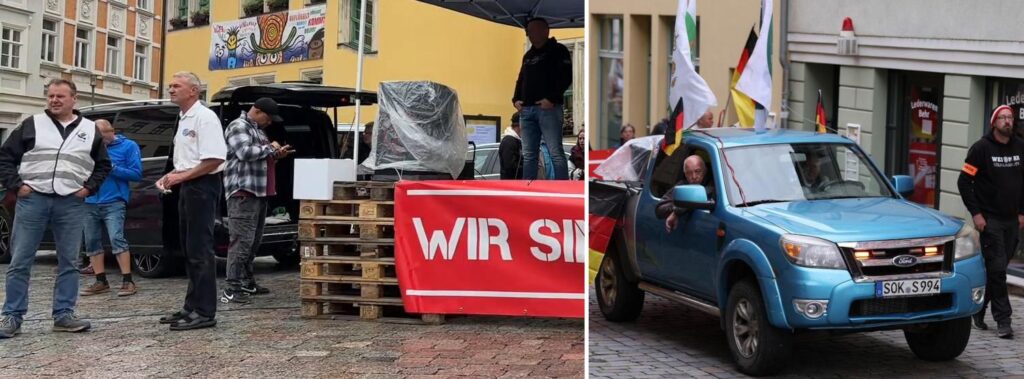 Zusammenstellung von zwei Fotos bei denen auf dem linken Jens Heidrich zusammen mit Frank Haußner, Christian Klar und René Wenzel zu sehen ist. Auf dem rechten ist Jens Heidrich in Apolda als Fahrer des Lautsprecherwagens zu sehen.