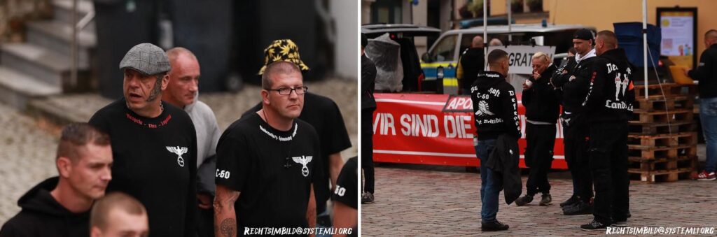 Zwei Fotos auf denen u.a. Christian Meister in Kleidung von "C-60" mit weiteren "C-60"-Neonazis zu sehen ist.