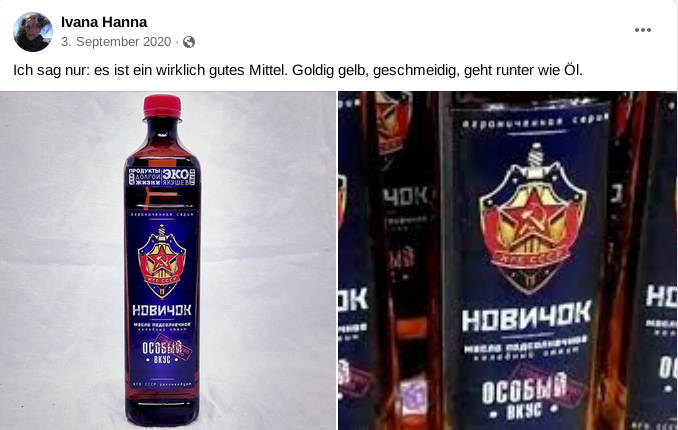 Ein Facebookpost von „Ivana Hanna“ aka Ivana Reissigk vom 3. September 2020. Dort schreibt sie: „Ich sag nur: es ist ein wirklich gutes Mittel. Goldig gelb, geschmeidig, geht runter wie Öl.“