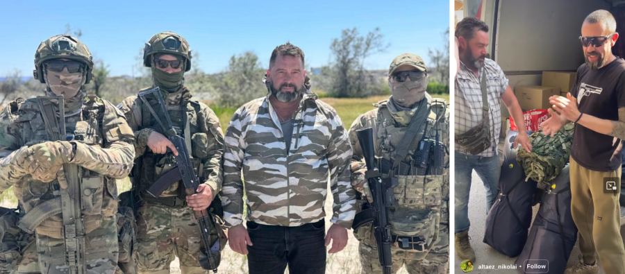 Im linken Bild sind vier Personen zu sehen, drei völlig vermummt in Militäruniform. Außerdem tragen sie Helme und Sonnenbrillen und posieren stolz mit Gewehr. Anders gekleidet ist Nikolaus Fast, der sich mit einer Jacke in Camouflage allerdings ebenso um soldatisches Aussehen bemüht. Im zweiten Bild ist Fast erneut einer der zwei abgebildeten Personen. Der Mann neben ihm trägt ein schwarzes T-Shirt mit Pistolen-Aufdruck und lächelt in die Kamera. Zwischen ihnen liegen verschiedene Plastikbeutel (teils in Camouflage), im Hintergrund stehen mehrere Kisten.
