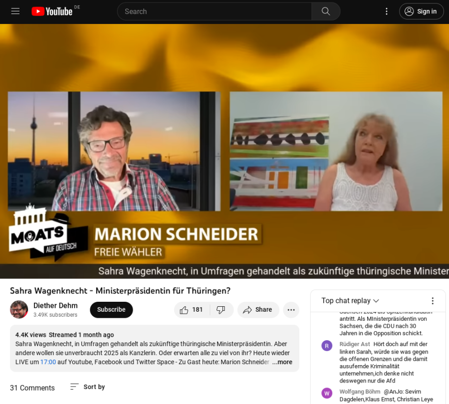 Screenshot des auf Youtube hochgeladenen Interviews von Dieter Dehm mit Marion Schneider. Der Titel lautet "Sahra Wagenknecht - Ministerpräsident für Thüringen?" Marion Schneider wird als Vertreterin der Freien Wähler angezeigt.
Der Hintergrund des Videos ist goldgelben, davor sind links Dehm und rechts Marion Schneider eingeblendet, jeweils auf Videokacheln.