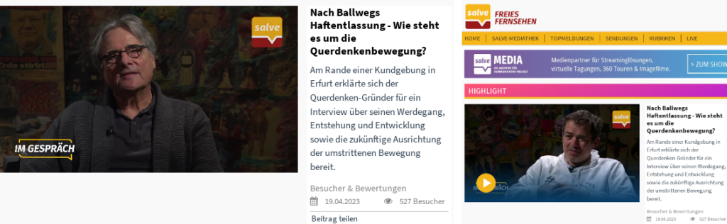 Bildmontage: Man sieht links Klaus-Dieter Böhm-Schneider in seinem Format "Im Gespräch". Der Titel rechts daneben lautet "Nach Ballwegs Haftentlassung - Wie steht es um die Querdenkenbewegung?". Rechts daneben sieht man einen weiteren Screenshot des Beitrags, in dem Michael Ballweg zu sehen ist.