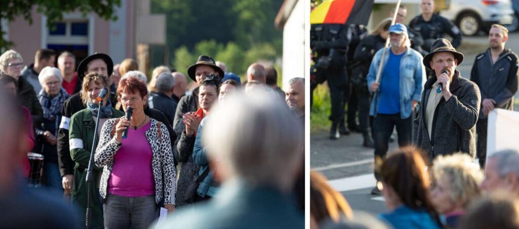 Bild-Montage: links ist Ute Bergner in lila Shirt zu sehen, wie sie in ein Mikrofon spricht. Hinter ihr stehen die Teilnehmenden der Kundgebung in Schleusingen. Auf der rechten Seite der Monatge sieht man Marcel Funke, er spricht ebenfalls in ein Mikrofon. Im Hintergrund sieht man Polizist*innen sowie einen Demoteilnehmer mit Deutschlandflagge.
