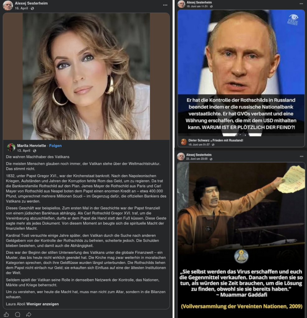 Collage von drei von Alexej Sesterheim geteilten Facebook Posts.
1. Post:
Von Marita Henriette
Die wahren Machthaber des Vatikans
Die meisten Menschen glauben noch immer, der Vatikan stehe über der Weltmachtstruktur.
Das stimmt nicht.
1832, unter Papst Gregor XVI., war der Kirchenstaat bankrott. Nach den Napoleonischen Kriegen, Aufständen und Jahren der Korruption fehlte Rom das Geld, um zu regieren. Da trat die Bankiersfamilie Rothschild auf den Plan. James Mayer de Rothschild aus Paris und Carl Mayer von Rothschild aus Neapel boten dem Papst einen enormen Kredit an - etwa 400.000 Pfund, umgerechnet mehrere Millionen Scudi - im Gegenzug dafür, die offiziellen Bankiers des Vatikans zu werden.
Dieses Geschäft war beispiellos. Zum ersten Mal in der Geschichte war der Papst finanziell von einem jüdischen Bankhaus abhängig. Als Carl Rothschild Gregor XVI. traf, um die Vereinbarung abzuschließen, durfte er dem Papst die Hand statt den Fuß küssen. Diese Geste sagte mehr als jedes Dokument. Von diesem Moment an beugte sich die spirituelle Macht der finanziellen Macht.
Kardinal Tosti versuchte einige Jahre später, den Vatikan durch die Suche nach anderen Geldgebern von der Kontrolle der Rothschilds zu befreien, scheiterte jedoch. Die Schulden blieben bestehen, und damit auch die Abhängigkeit
Dies war der Beginn der stillen Unterwerfung des Vatikans unter die globale Finanzwelt - ein Muster, das bis heute nicht wirklich geendet hat. Die Kirche mag zwar weiterhin in moralischen Kategorien sprechen, doch ihre Geldflüsse wurden längst unterbunden. Die Rothschilds liehen dem Papst nicht einfach nur Geld; sie erkauften sich Einfluss auf eine der ältesten Institutionen der Welt.
Seitdem spielt der Vatikan seine Rolle in demselben Netzwerk der Kontrolle, das Nationen, Märkte und Kriege beherrscht.
Um zu verstehen, wer heute die Macht hat, muss man nicht zum Altar, sondern in die Bilanzen schauen.
Laura Aboli
2. Post:
Bild von Putin mit dem Text:
Er hat die Kontrolle der Rothschilds in Russland beendet indem er die russische Nationalbank verstaatlichte. Er hat GVOs verbannt und eine Währung erschaffen, die mit dem USD mithalten kann. WARUM IST ER PLÖTZLICH DER FEIND?!
3. Post:
Bild von Gaddafi mit dem Text:
„Sie selbst werden das Virus erschaffen und euch die Gegenmittel verkaufen. Danach werden sie so tun, als würden sie Zeit brauchen, um die Lösung zu finden, obwohl sie sie bereits haben.”
- Muammar Gaddafi